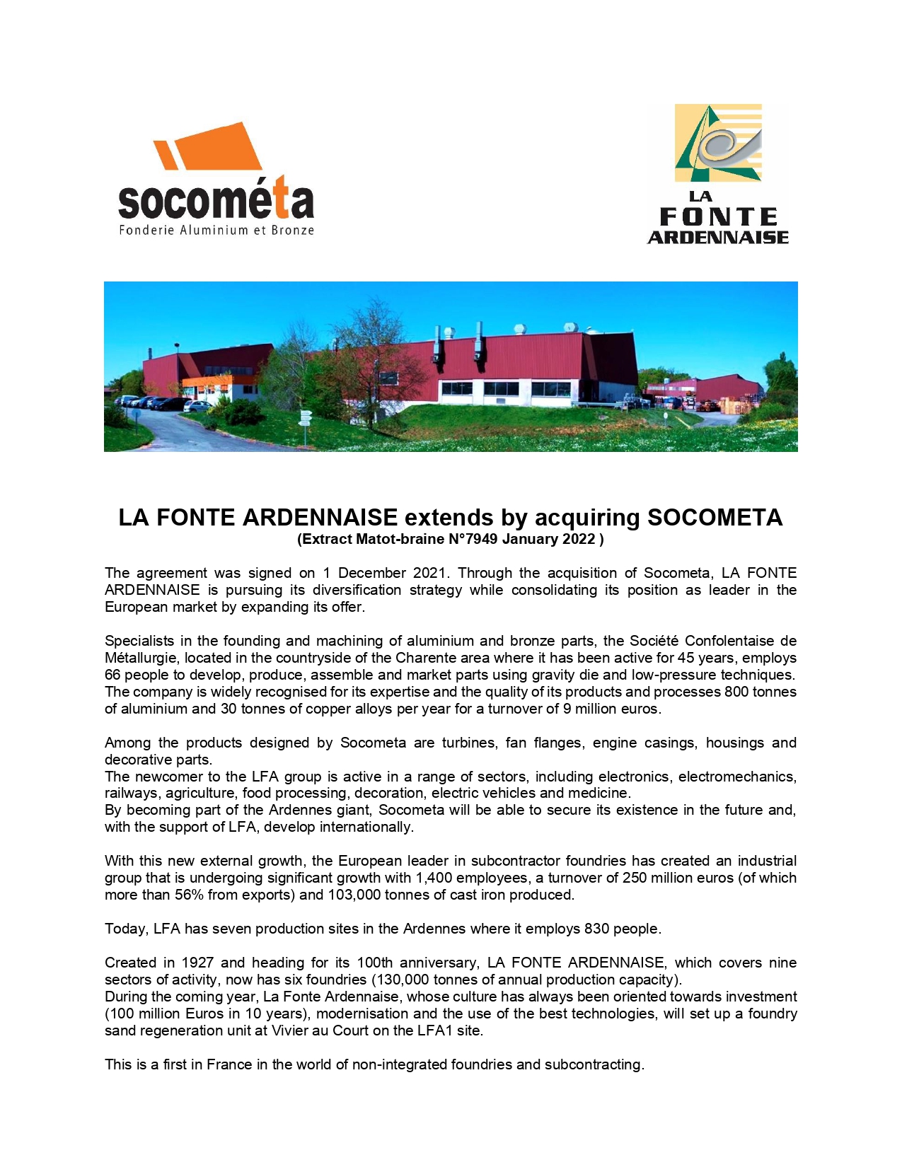 LA FONTE ARDENNAISE becomes more diverse by taking over the company SOCOMETA